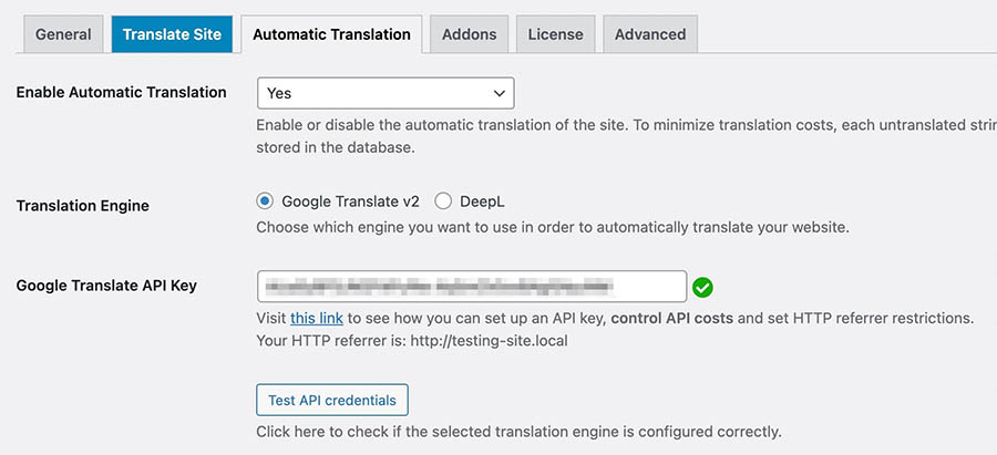 Pegando el  API key en TranslatePress