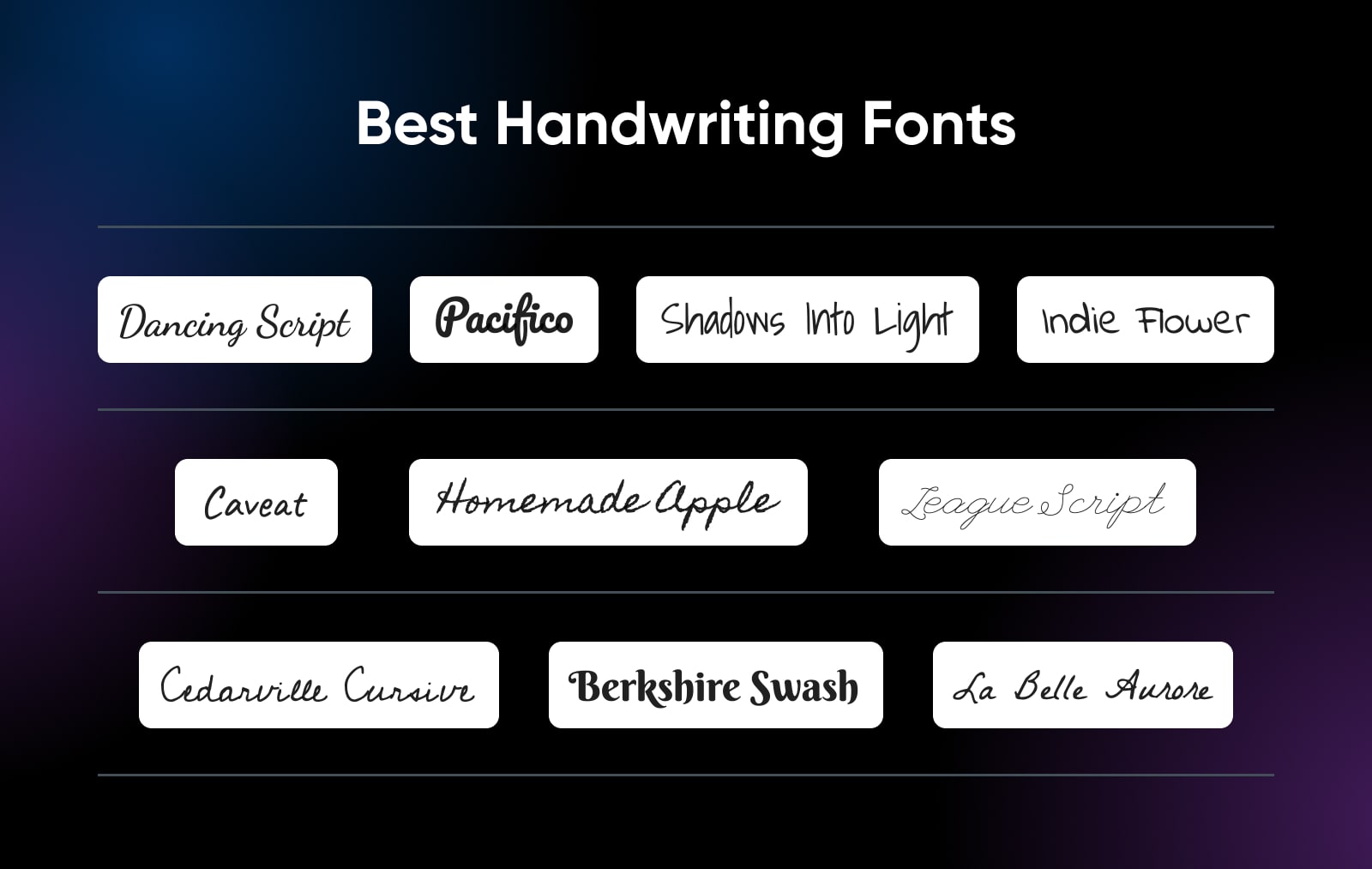 Best handwriting fonts showing an example of each of the ten fonts listed below