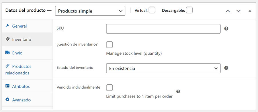 Las configuraciones de inventario para un producto de WooCommerce.