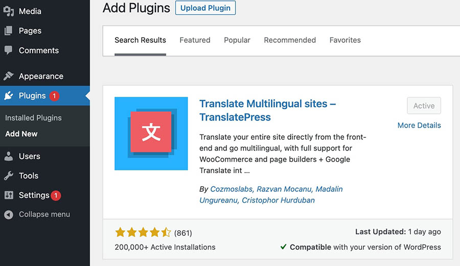 Instalando el plugin TranslatePress en WordPress