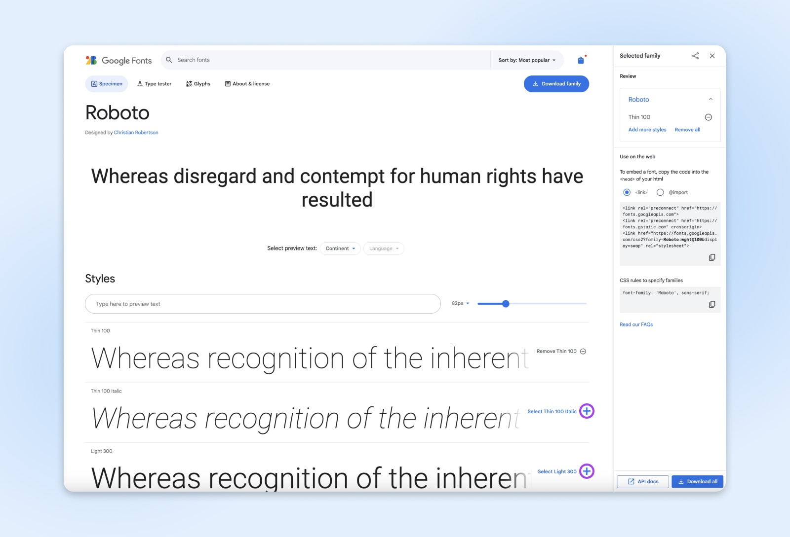 Google fonts page for Roboto highlighting the plus button to the right of the font options where the full font family can be downloaded