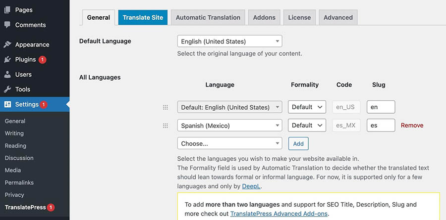 Seleccionando idiomas en la configuración de TranslatePress