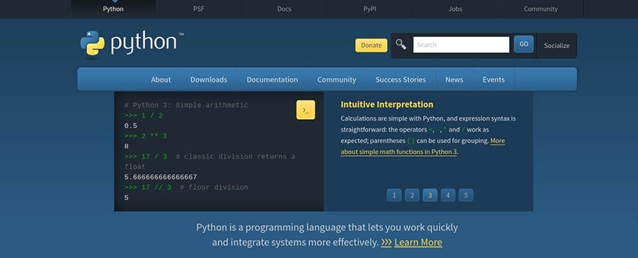El sitio web frontal de Python.