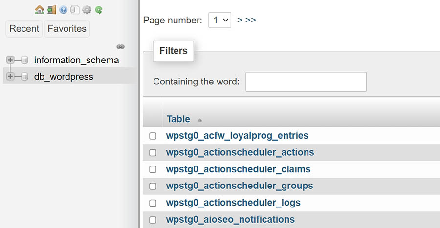 tablas en una base de datos WordPress en PHPMyAdmin