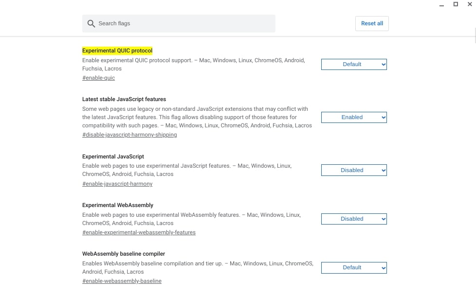 The QUIC Protocol settings in Chrome