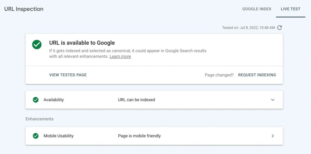 Google Search Console indexed URL