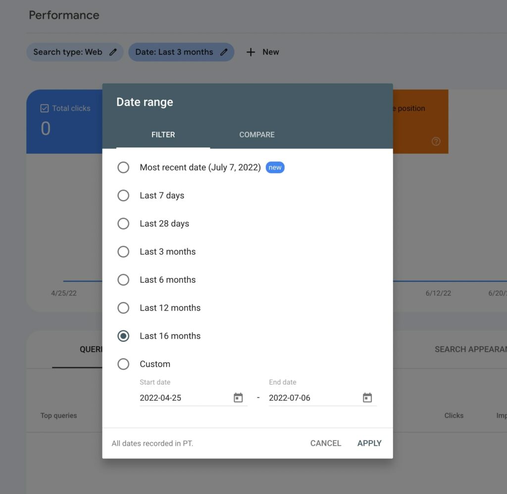 Google Search Console performance report comparison