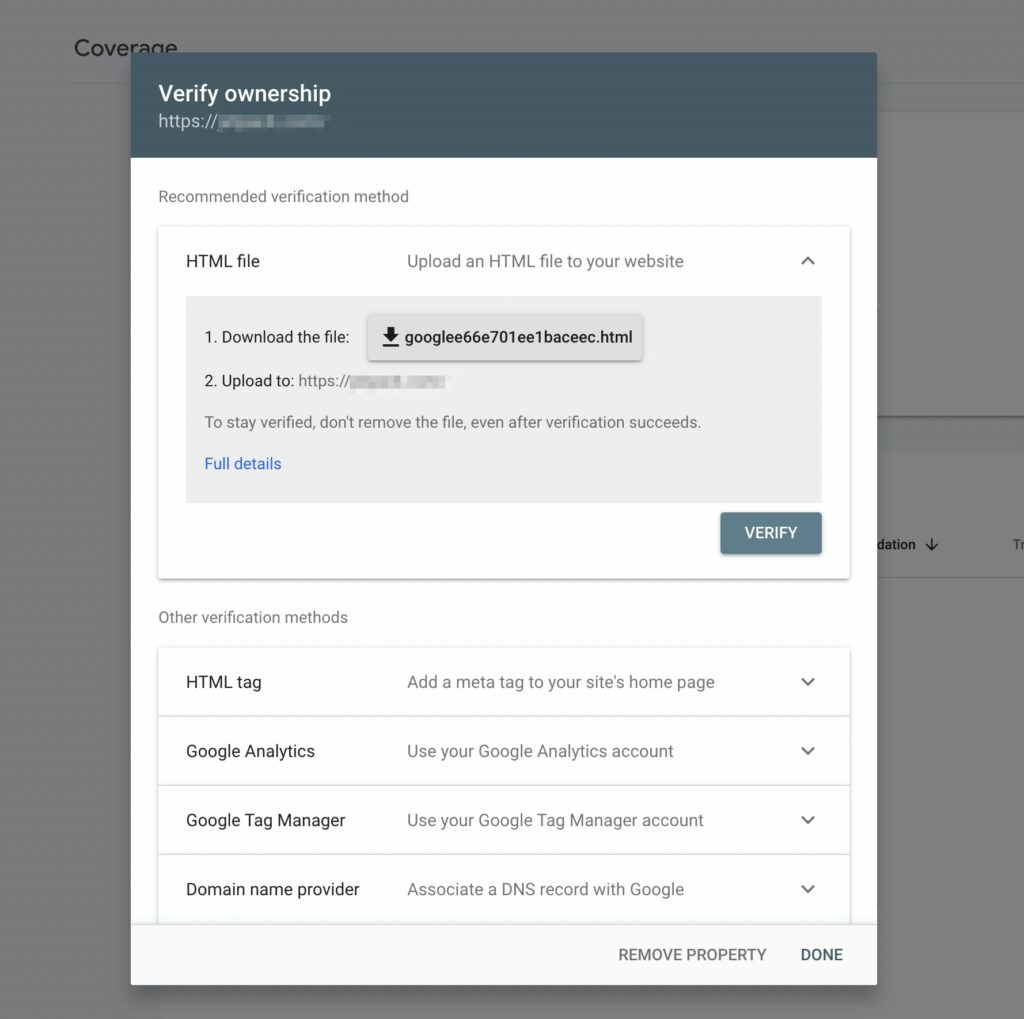 Google Search Console verify property ownership