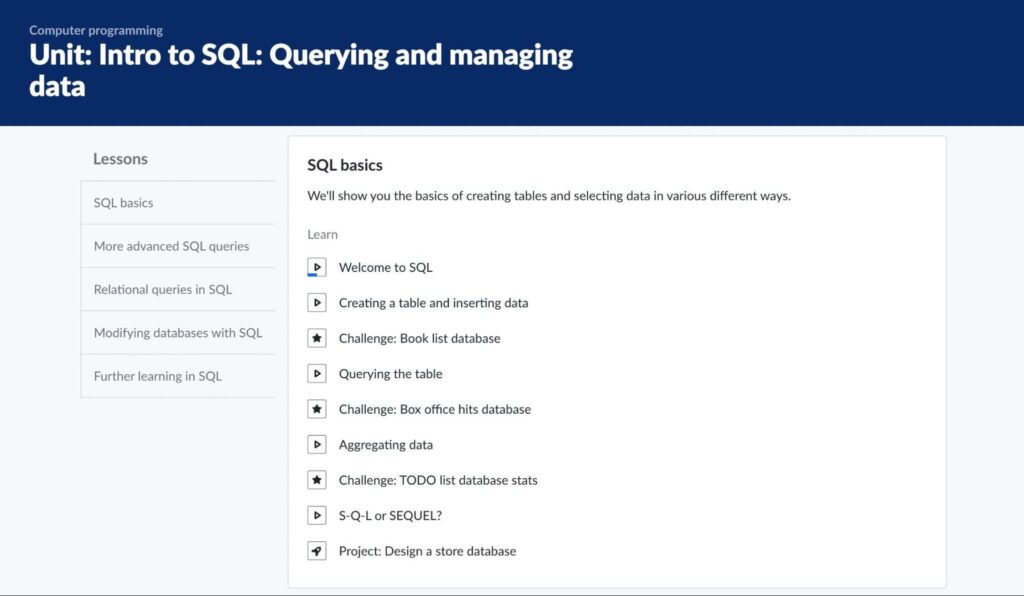 Khan Academy SQL course