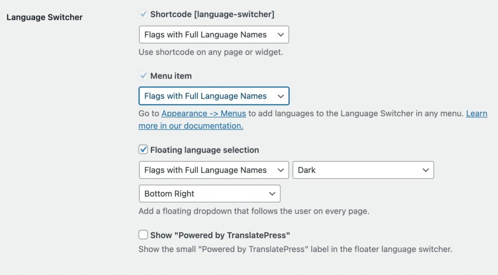 Configurações do alternador de idiomas