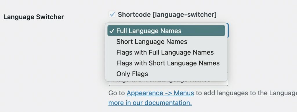 Exibição do alternador de idiomas