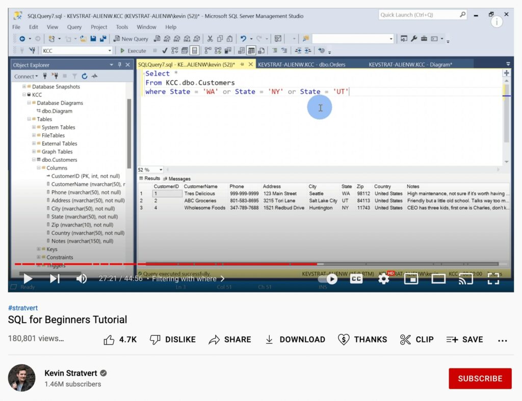 Learn SQL for beginners course on YouTube
