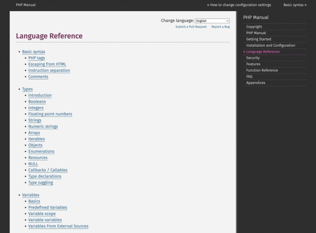 php manual language reference