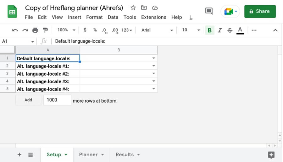 Hreflang planner Google Sheets template.