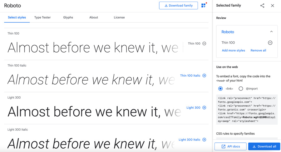 Downloading fonts in Google Fonts