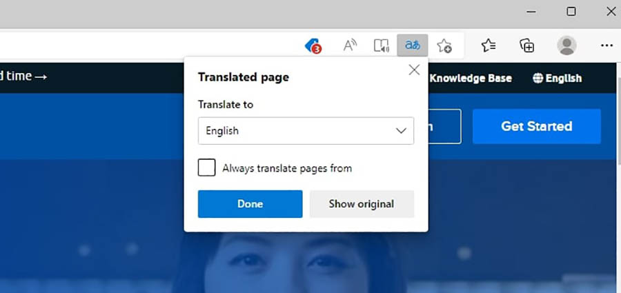 Traduciendo una página web en Microsoft Edge.