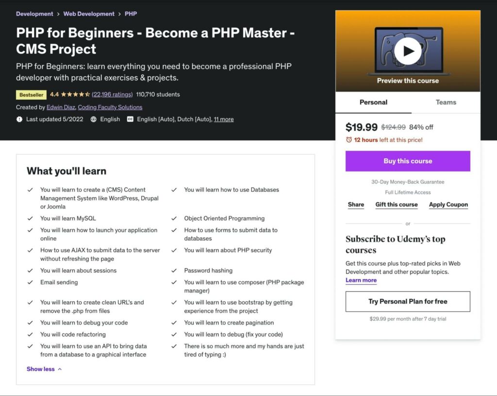 udemy php for beginners course