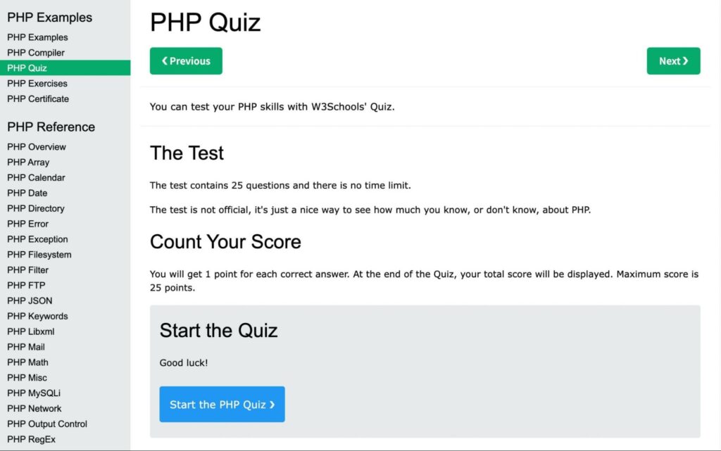 w3schools learn php quiz