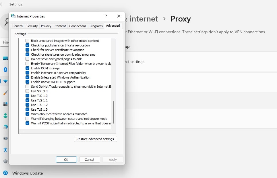 The SSL/TLS security settings in Windows