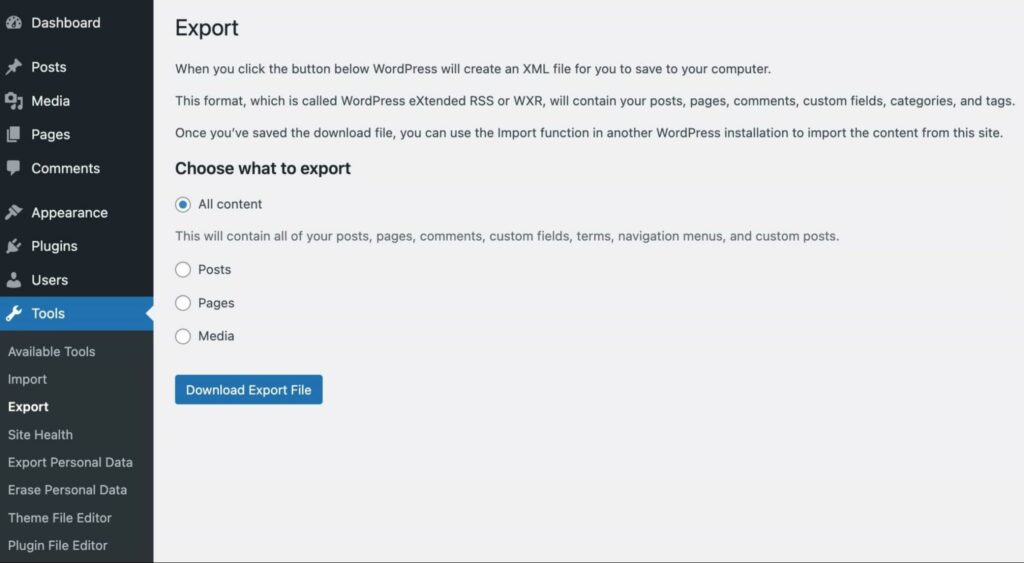 WordPress export