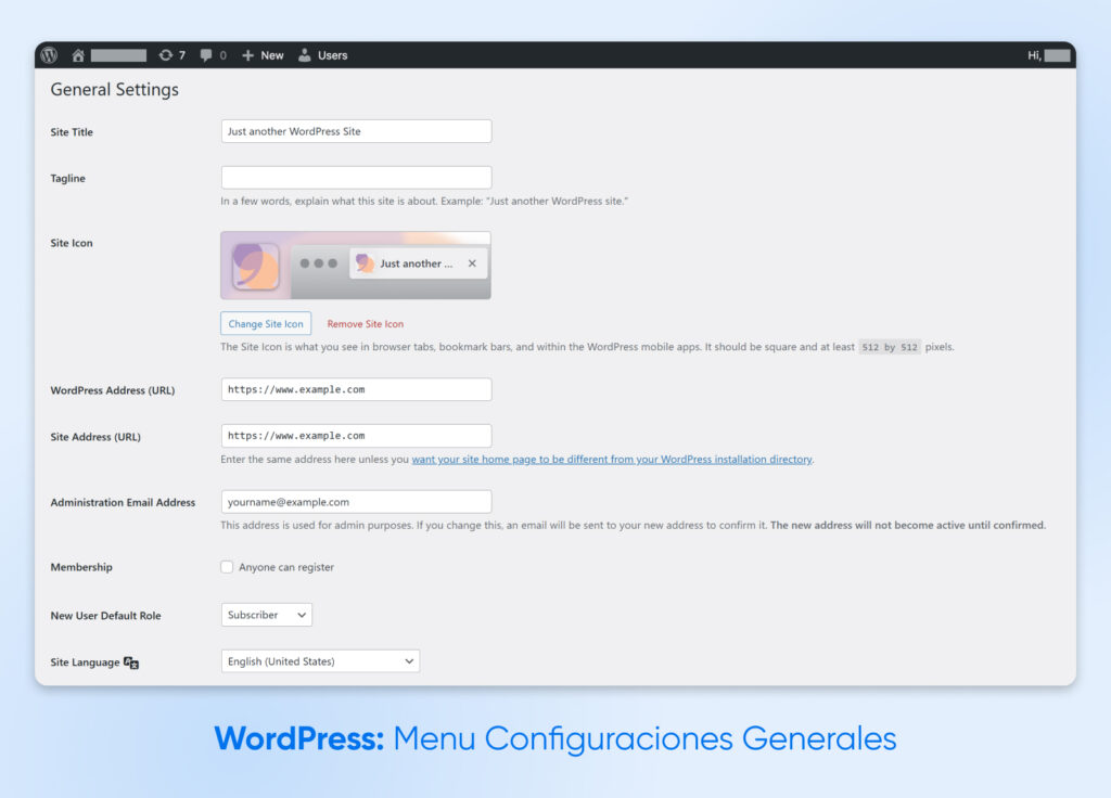 Pantalla de Configuración General de WordPress que muestra los campos para el título del sitio, el eslogan, el ícono del sitio, las direcciones de WordPress y del sitio, el correo electrónico del administrador, la membresía, el rol predeterminado y el idioma del sitio.