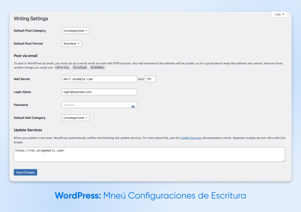 Menú de Configuración de Escritura de WordPress que muestra las opciones para la categoría y el formato predeterminados de las entradas, la configuración de publicación por correo electrónico y el servicio de actualización.