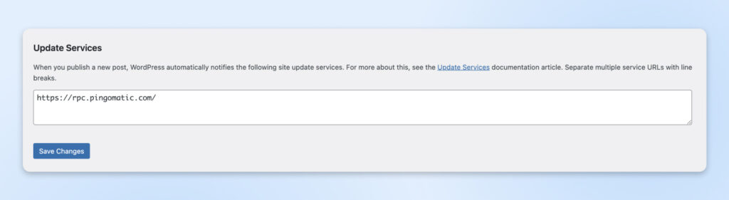 Sección de Configuración de Escritura de WordPress que muestra los Servicios de Actualización, donde las notificaciones de actualización del sitio pueden enviarse a las URL de los servicios especificados.