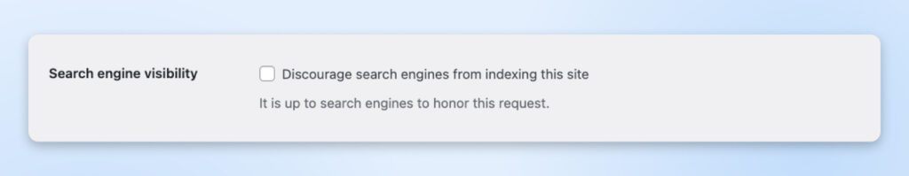 Sección de Configuración de Lectura de WordPress que muestra la opción para disuadir a los motores de búsqueda de indexar el sitio