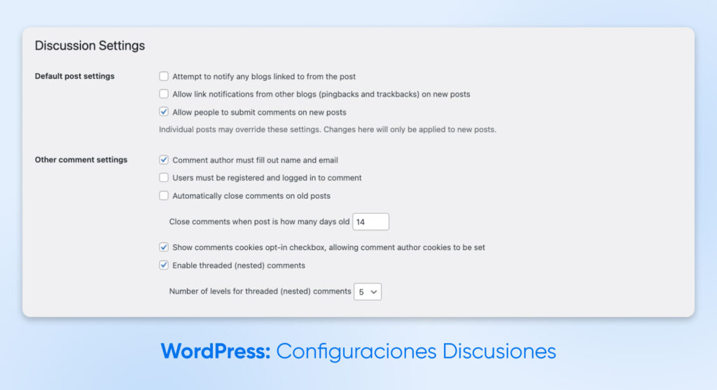 Menú de Configuración de Comentarios de WordPress que muestra las opciones para notificaciones predeterminadas de entradas, permisos de comentarios, reglas de moderación y configuración de comentarios en hilos.