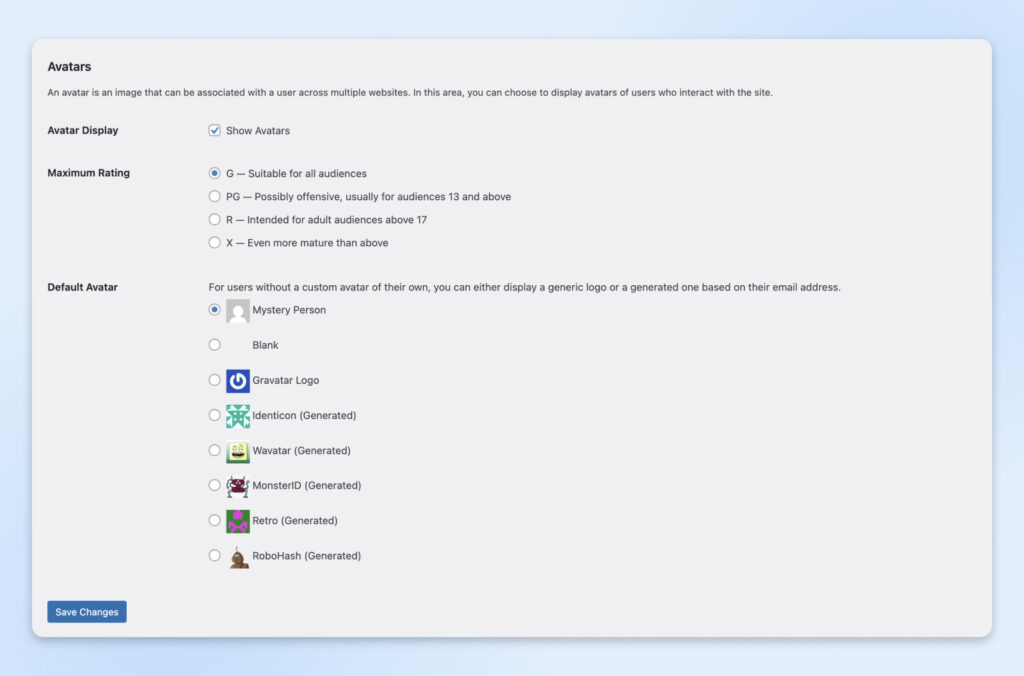 Configuración de Comentarios de WordPress – Sección de Avatares que muestra las opciones para mostrar avatares, seleccionar la calificación máxima (G, PG, R, X) y elegir un estilo de avatar predeterminado, incluyendo Persona Misteriosa, En blanco, Logo de Gravatar, Identicon, Wavatar, MonsterID, Retro y RoboHash.