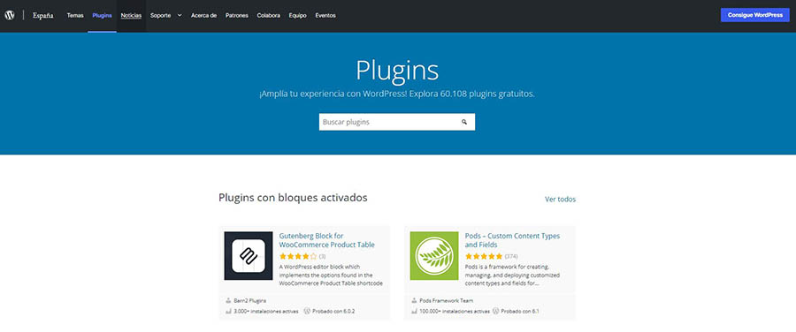 Directorio principal plugins WordPress