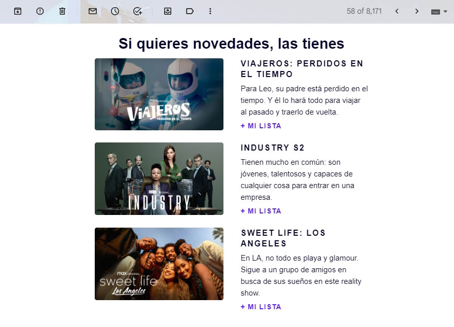 Un correo de marketing sobre novedades.