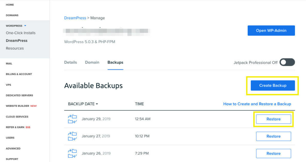 DreamHost create a backup in Panel