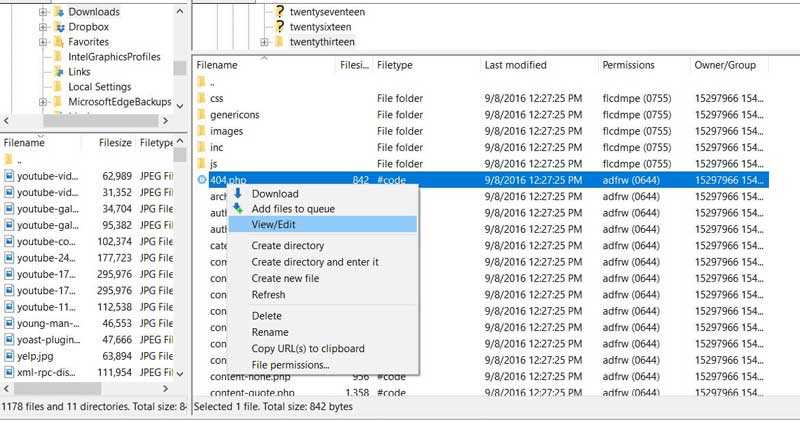 edit 404.php file via FTP client