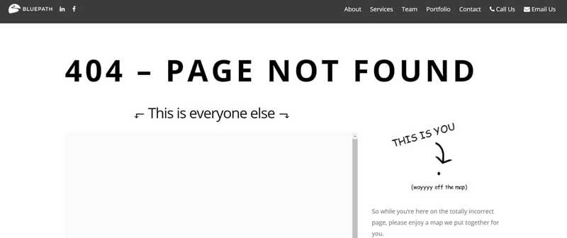 Página de error 404 con mensaje creativo de ubicación del usuario en el mapa, BluePath