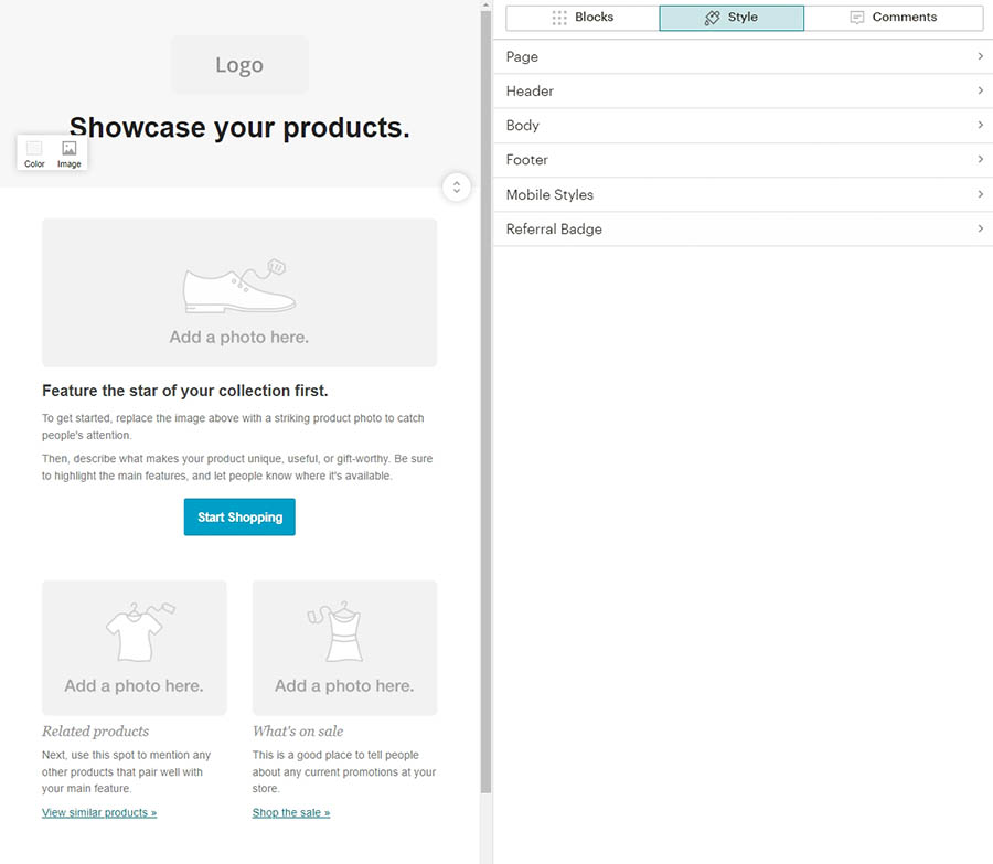 El editor de correos de Mailchimp.