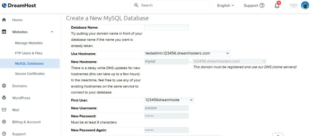 Creating a new MySQL database with Dreamhost