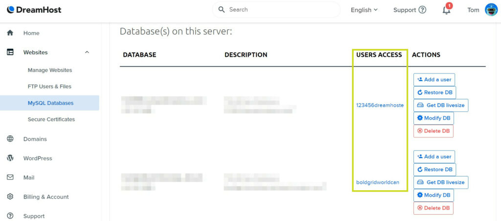 Acesso do usuário às bases de dados na Dreamhost