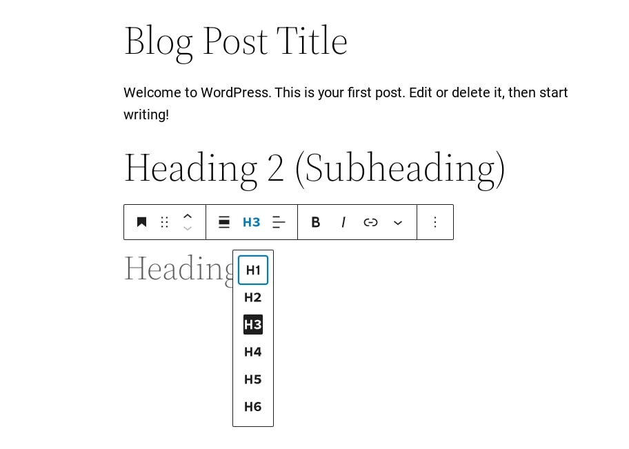 style heading structure in WordPress block editor
