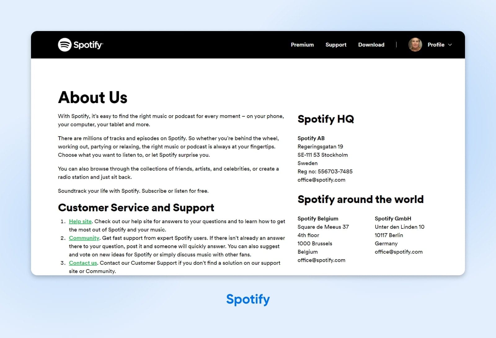Spotify "About Us" page