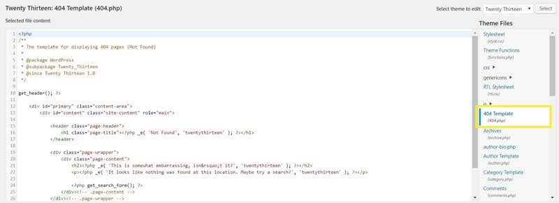WordPress 404 error page template file