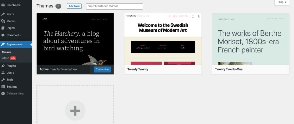 WordPress Appearance menu, themes screen