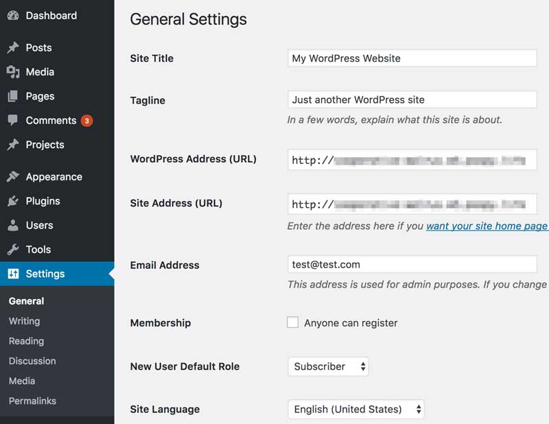 WordPress General settings