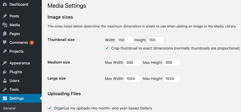 WordPress Media Settings