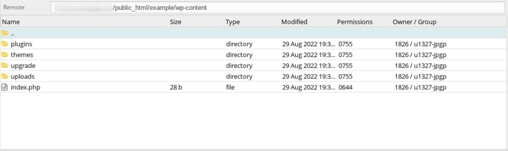WordPress plugins folder in an FTP client