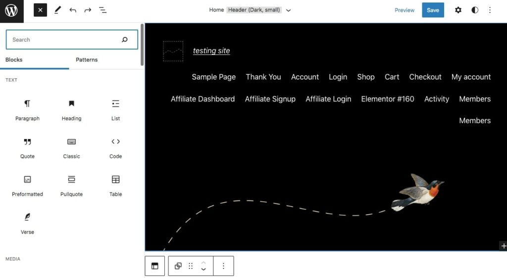 browsing available text blocks in the WordPress block editor