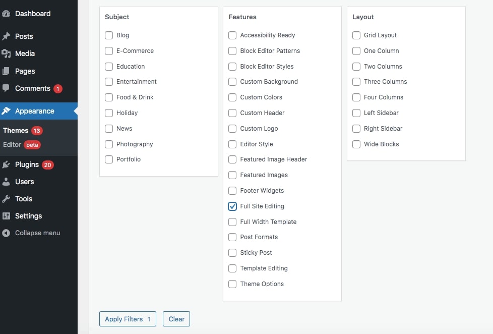 enabling full site editing in WordPress