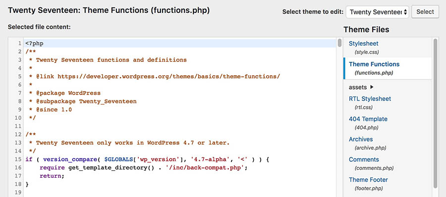 Archivo theme functions.php en el editor de tema de WordPress