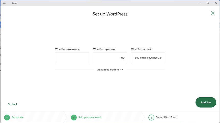 Configurando una instalación local de WordPress con Local by Flywheel.