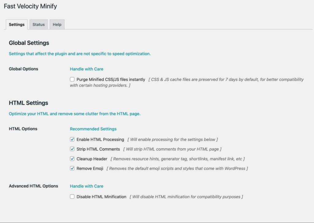 Fast Velocity Minify settings in WordPress